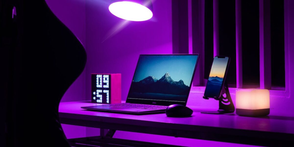 Laptop on Desk in Purple Room