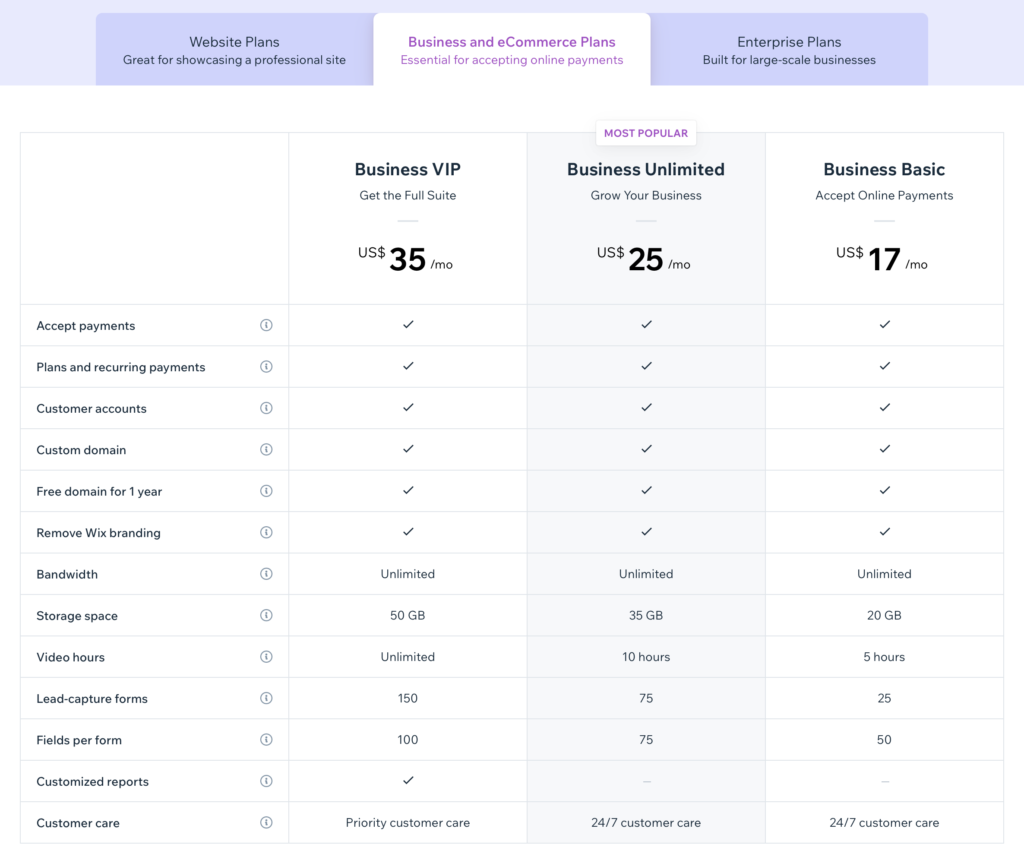 Wix ecommerce Pricing